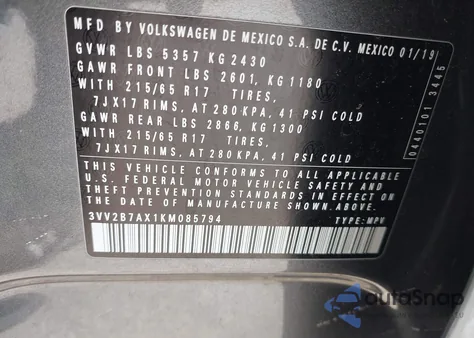 2019 Volkswagen Tiguan 2.0T Se/2.0T Sel/2.0T Sel R-Line/2.0T Sel R-Line Black z USA, uszkodzony, nr VIN 3VV2B7AX1KM085794